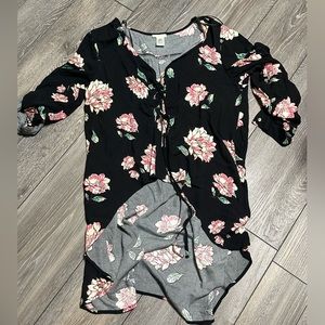Black floral tunic with tie front